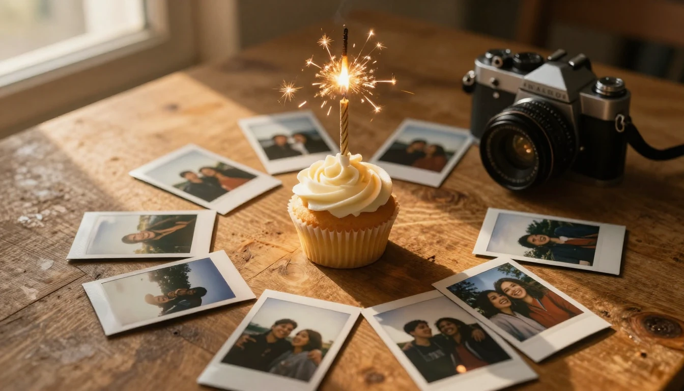 A warm and nostalgic scene on a rustic wooden table top view...