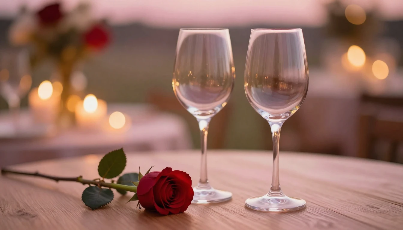 A delicate scene featuring two elegant wine glasses sitting ...