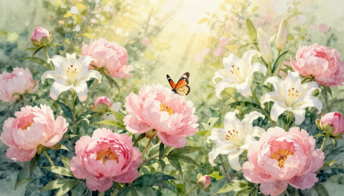A soft watercolor painting depicting a sun-drenched garden f...