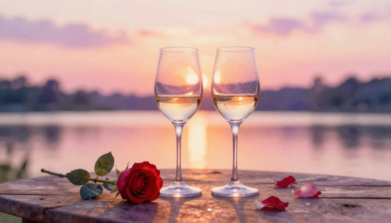 A dreamy watercolor painting of two elegant wine glasses sit...