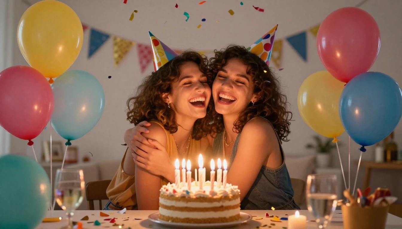 A festive birthday celebration scene with colorful balloons,...