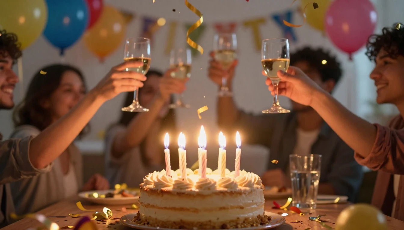 A vibrant and celebratory birthday scene featuring a delicio...