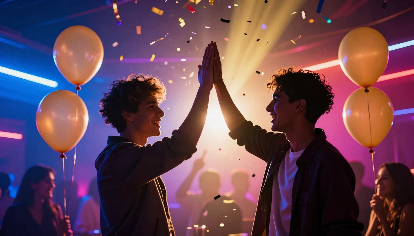 A vibrant and energetic birthday celebration scene. In the c...