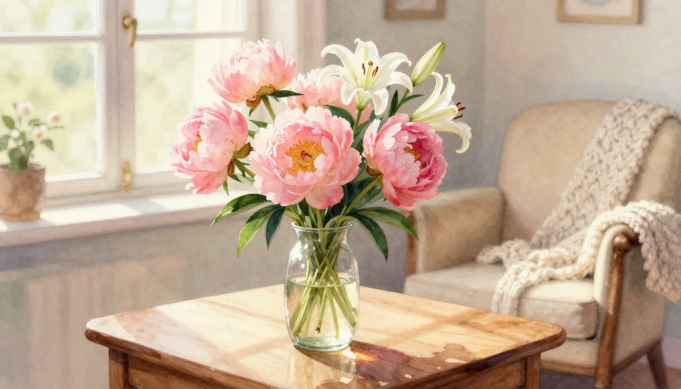 A soft watercolor painting depicting a warm, sunlit room wit...