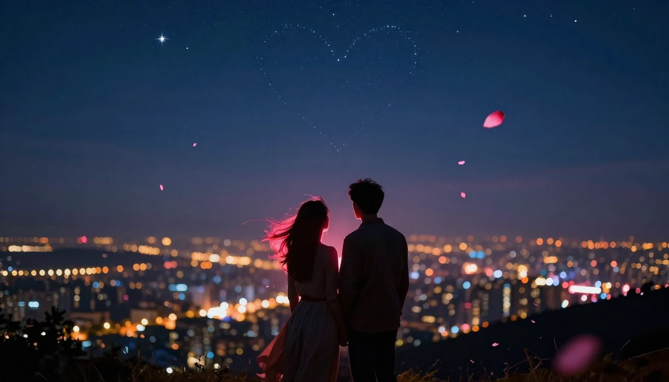 A romantic and atmospheric scene featuring silhouettes of a ...