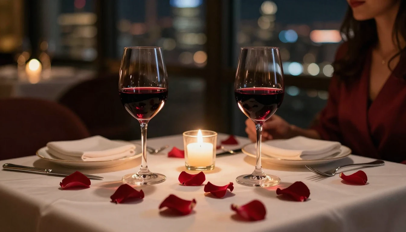 A close-up shot of a beautifully set dinner table for two in...