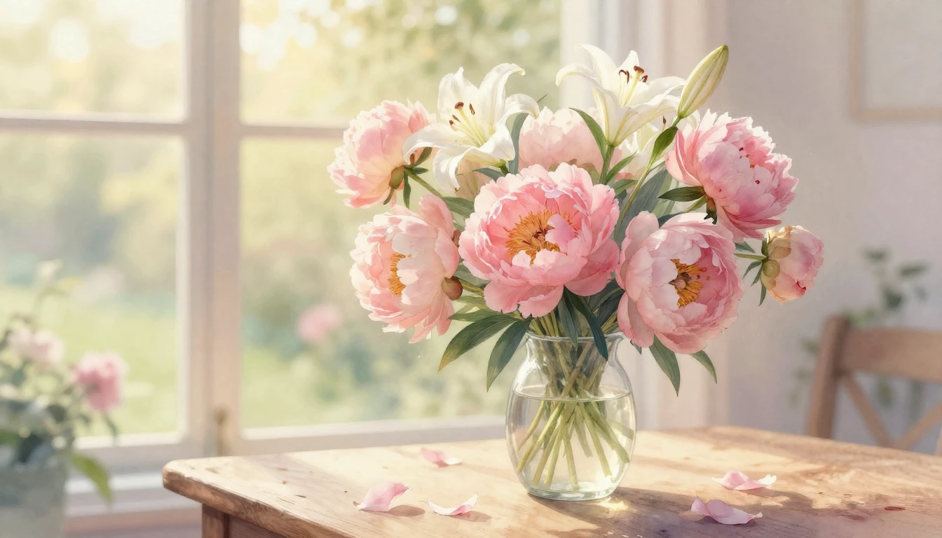 A delicate watercolor painting of a lush bouquet of pink peo...