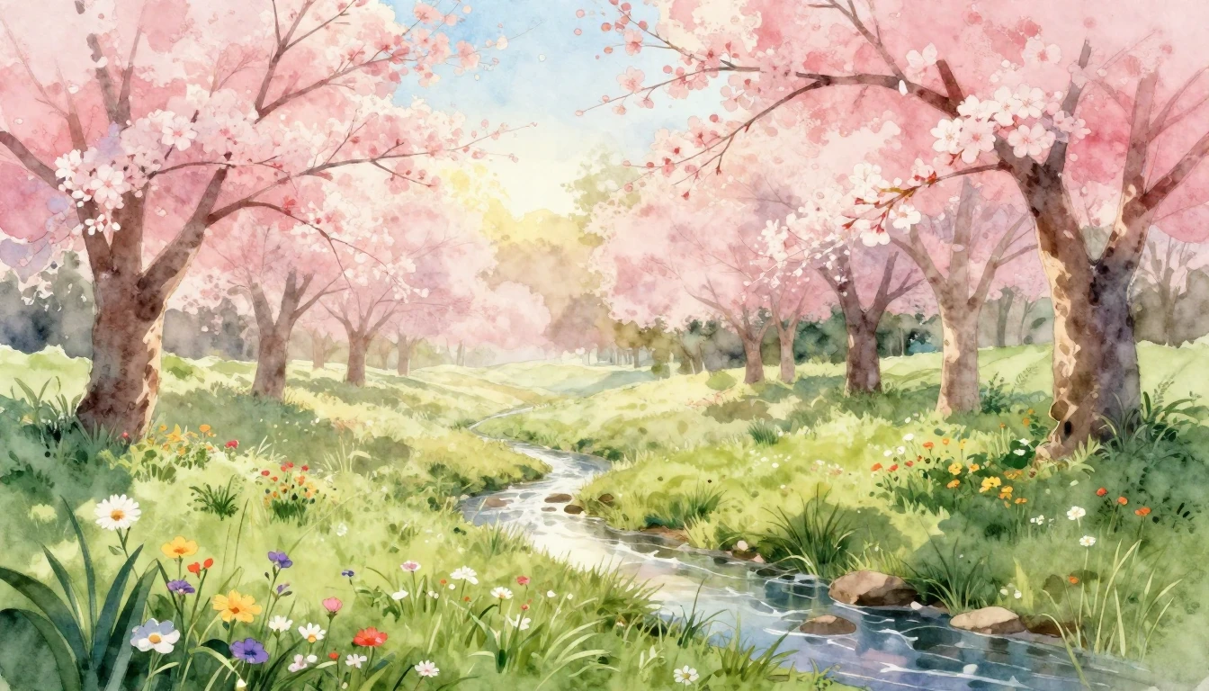 A beautiful watercolor painting of a lush meadow at dawn. De...