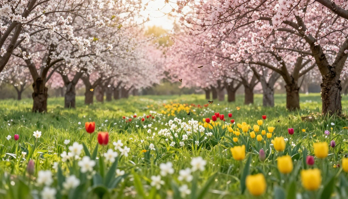 A lush, blooming landscape depicting the peak of spring. Vib...