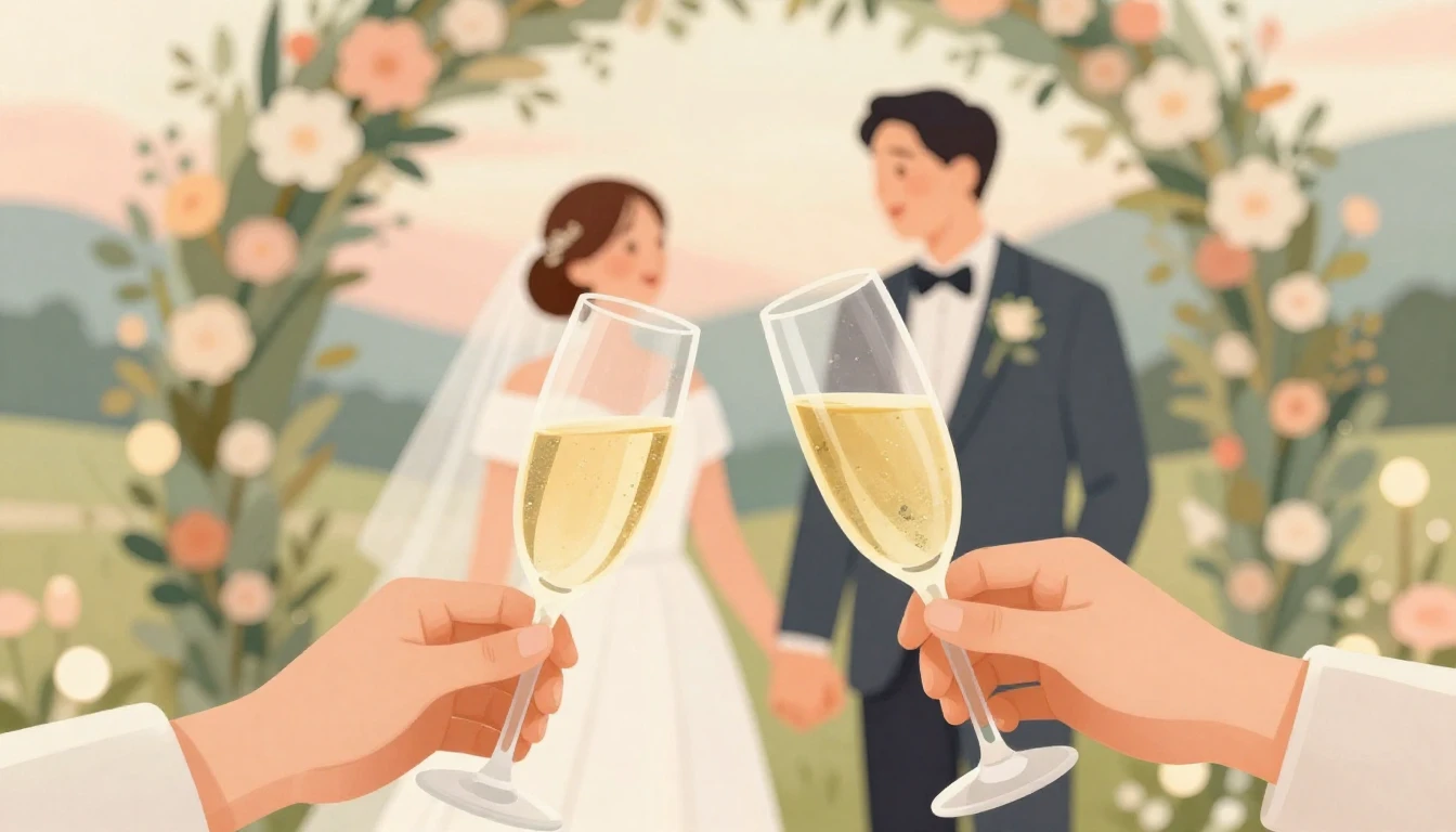 A warm and nostalgic illustration of a wedding setting outdo...