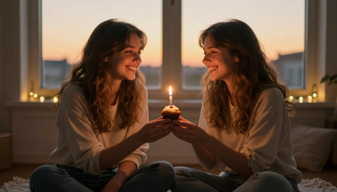 A cinematic shot of two young women sitting side by side on ...