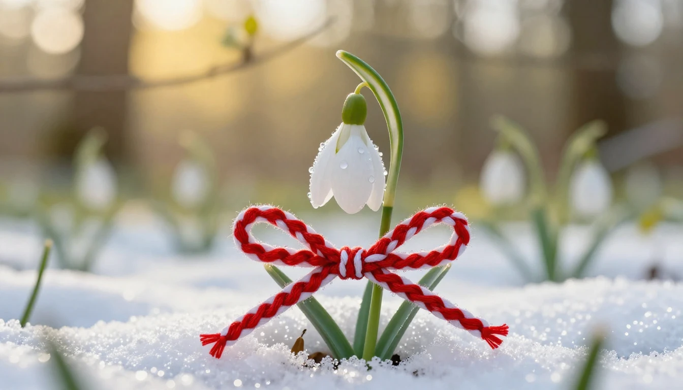 A delicate white snowdrop flower emerging from a thin layer ...