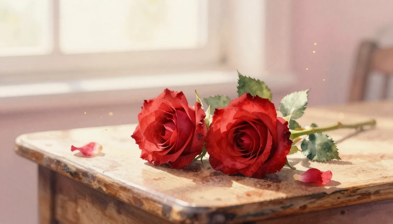A beautiful watercolor painting of two intertwined red roses...