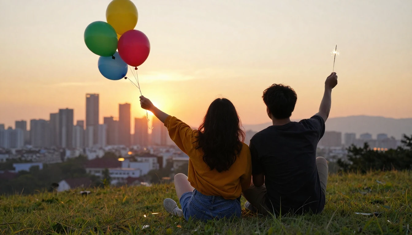 Two friends sitting side by side on a grassy hill overlookin...