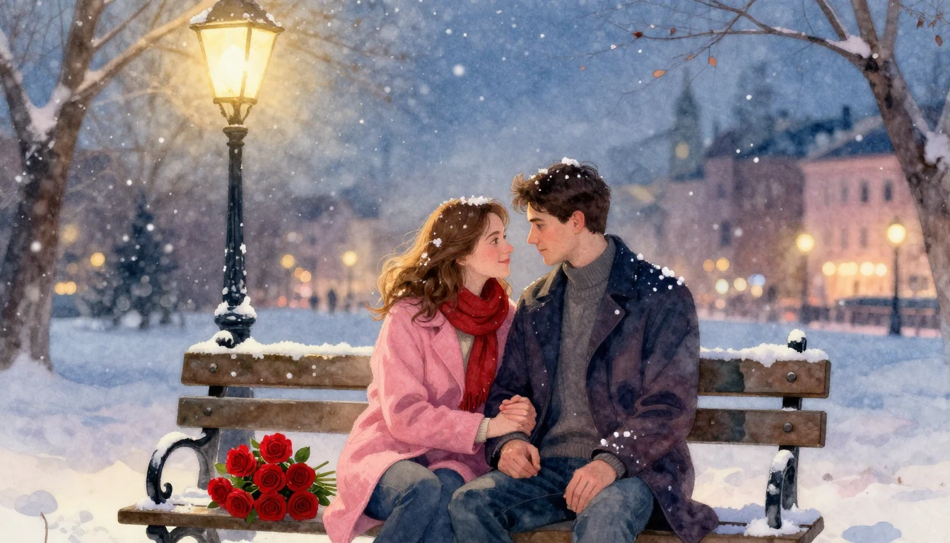 A romantic watercolor painting of a loving couple sitting on...