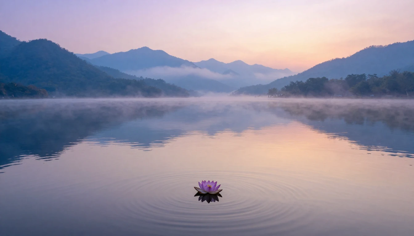 A breathtaking landscape depicting a calm mountain lake at d...