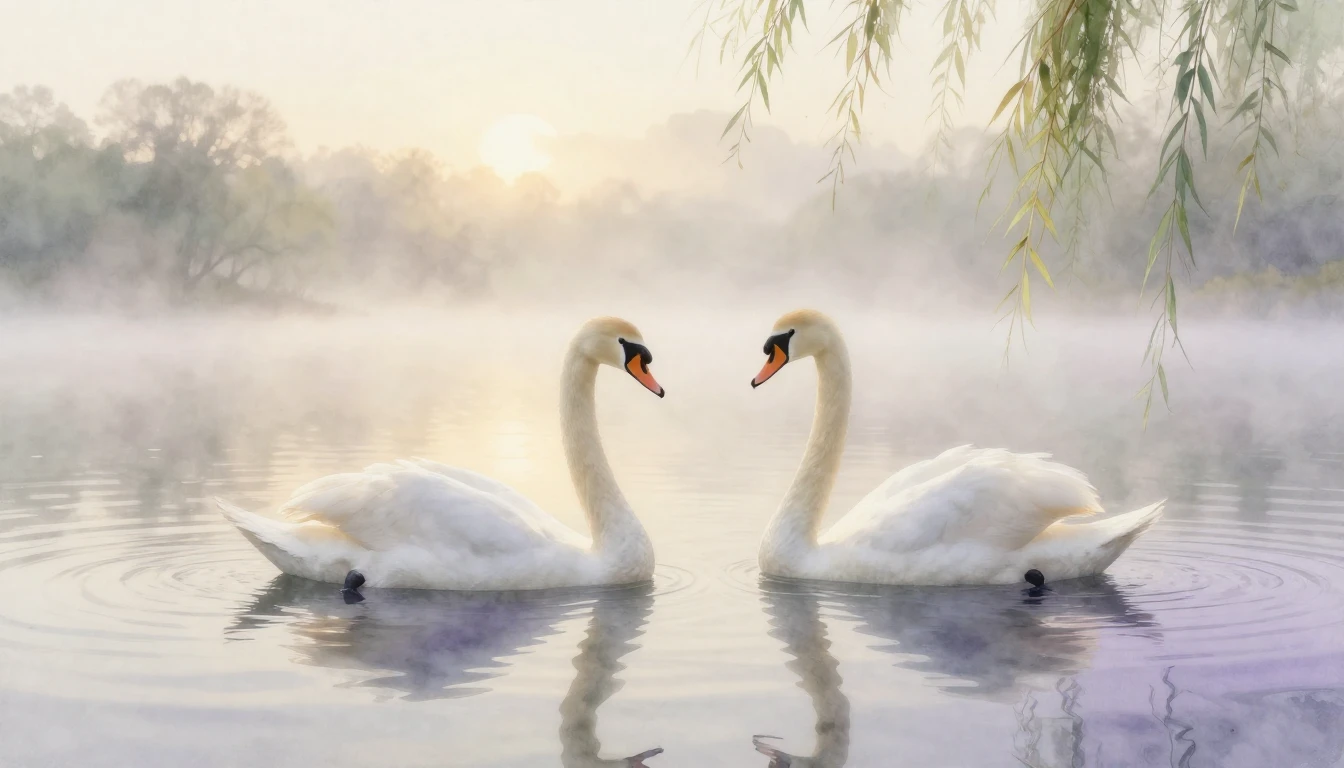 A soft and dreamy watercolor painting depicting two elegant ...