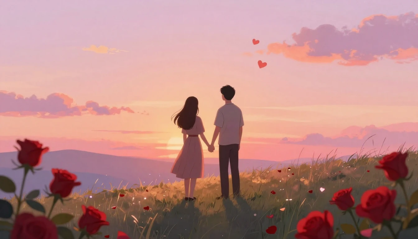 A romantic and soft illustration of a couple holding hands w...