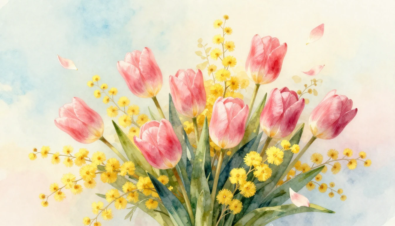 A beautiful and vibrant watercolor painting of a lush bouque...