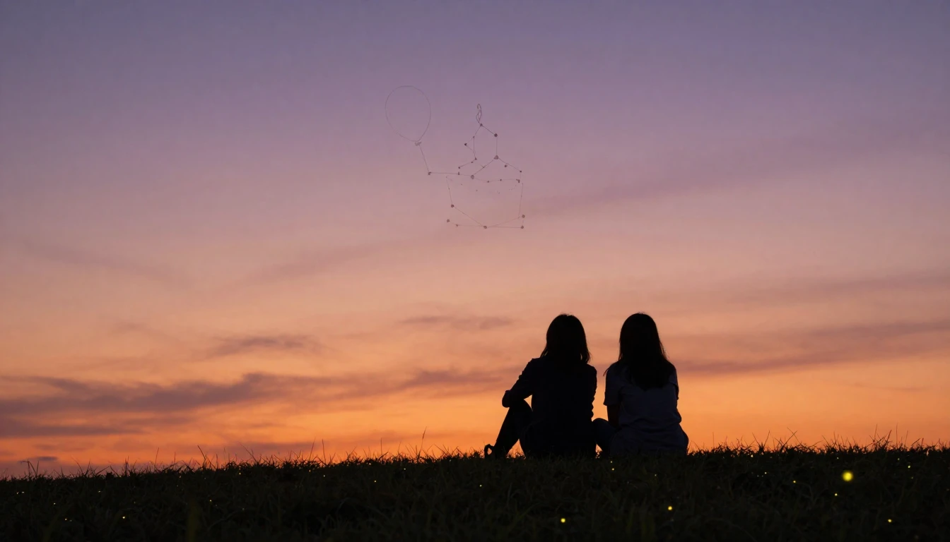 Two silhouettes of friends sitting on a grassy hill at sunse...