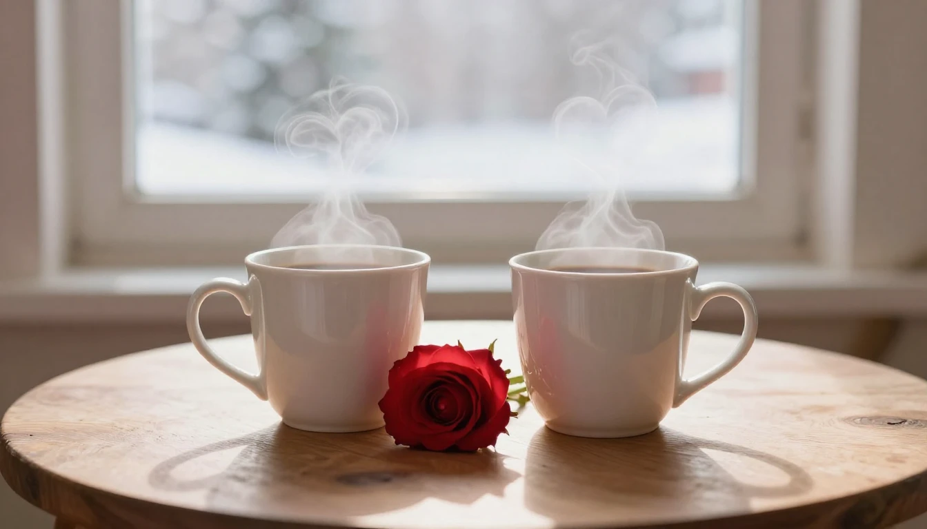 A soft and romantic composition depicting a cozy wooden tabl...