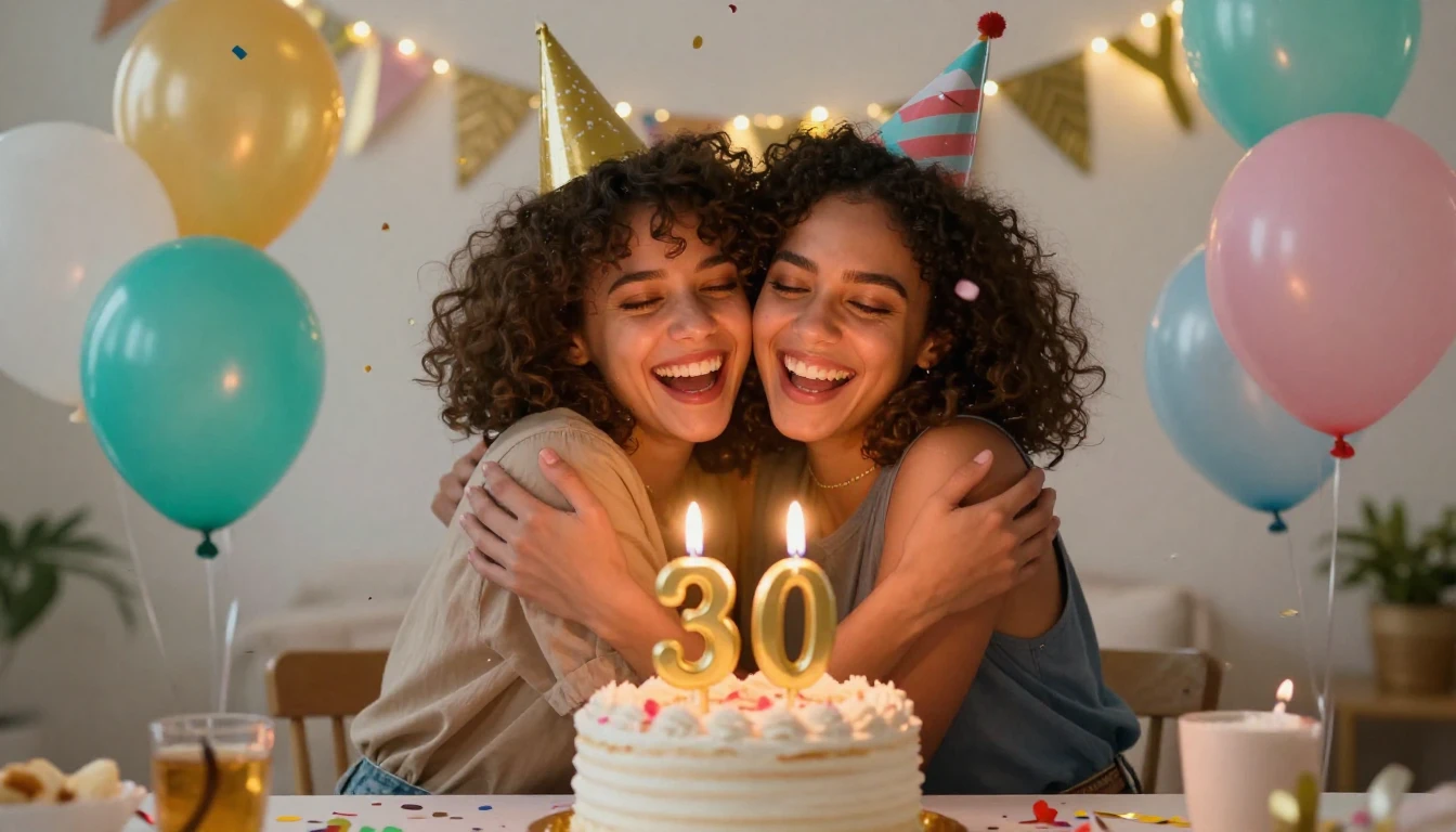 A joyful and vibrant celebration scene of two best friends h...