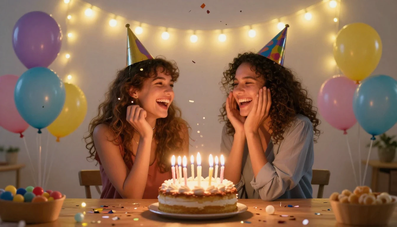 A vibrant and joyful birthday celebration scene. Two best fr...