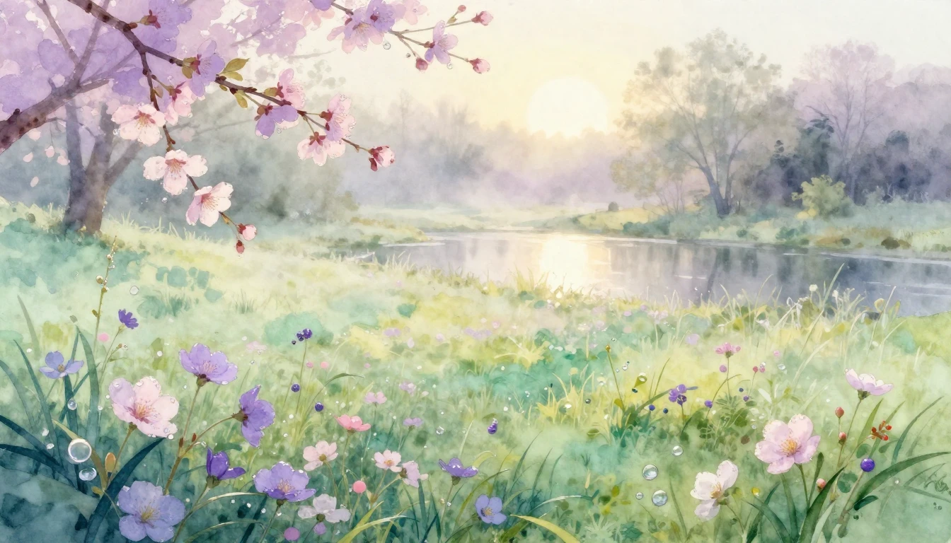 A beautiful watercolor painting of a lush spring meadow at s...