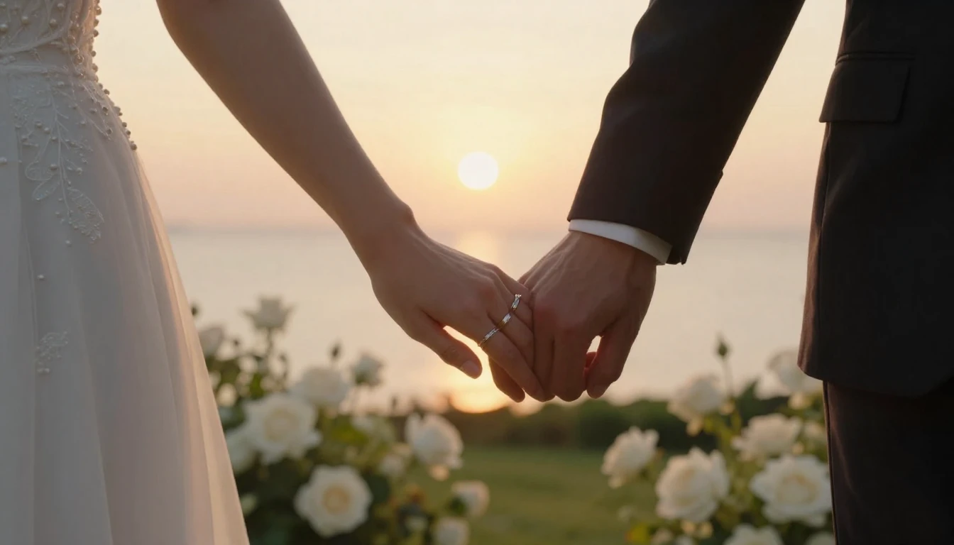 A close-up cinematic shot of a bride and groom holding hands...