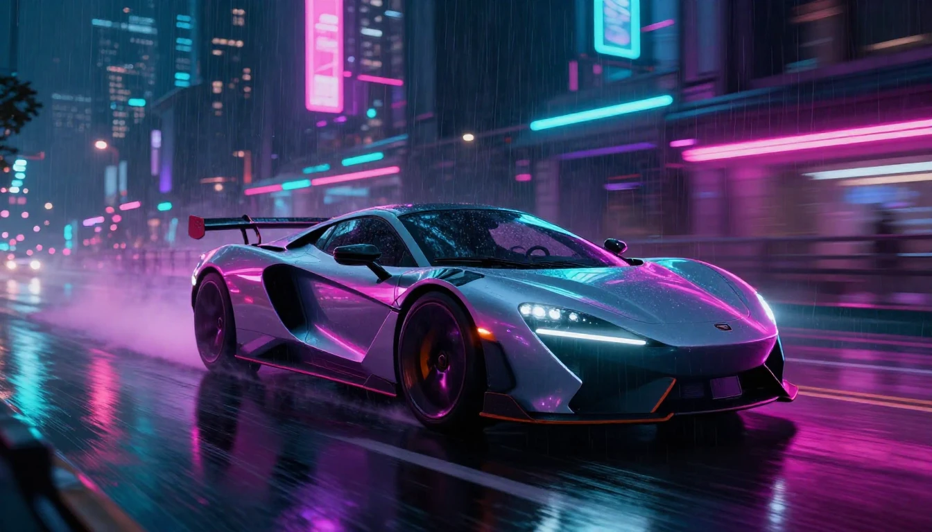 A cinematic shot of a futuristic sports car driving at high ...