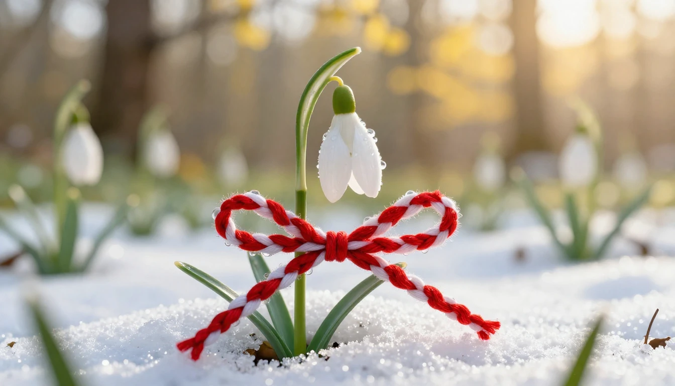 A delicate white snowdrop flower emerging from a thin layer ...