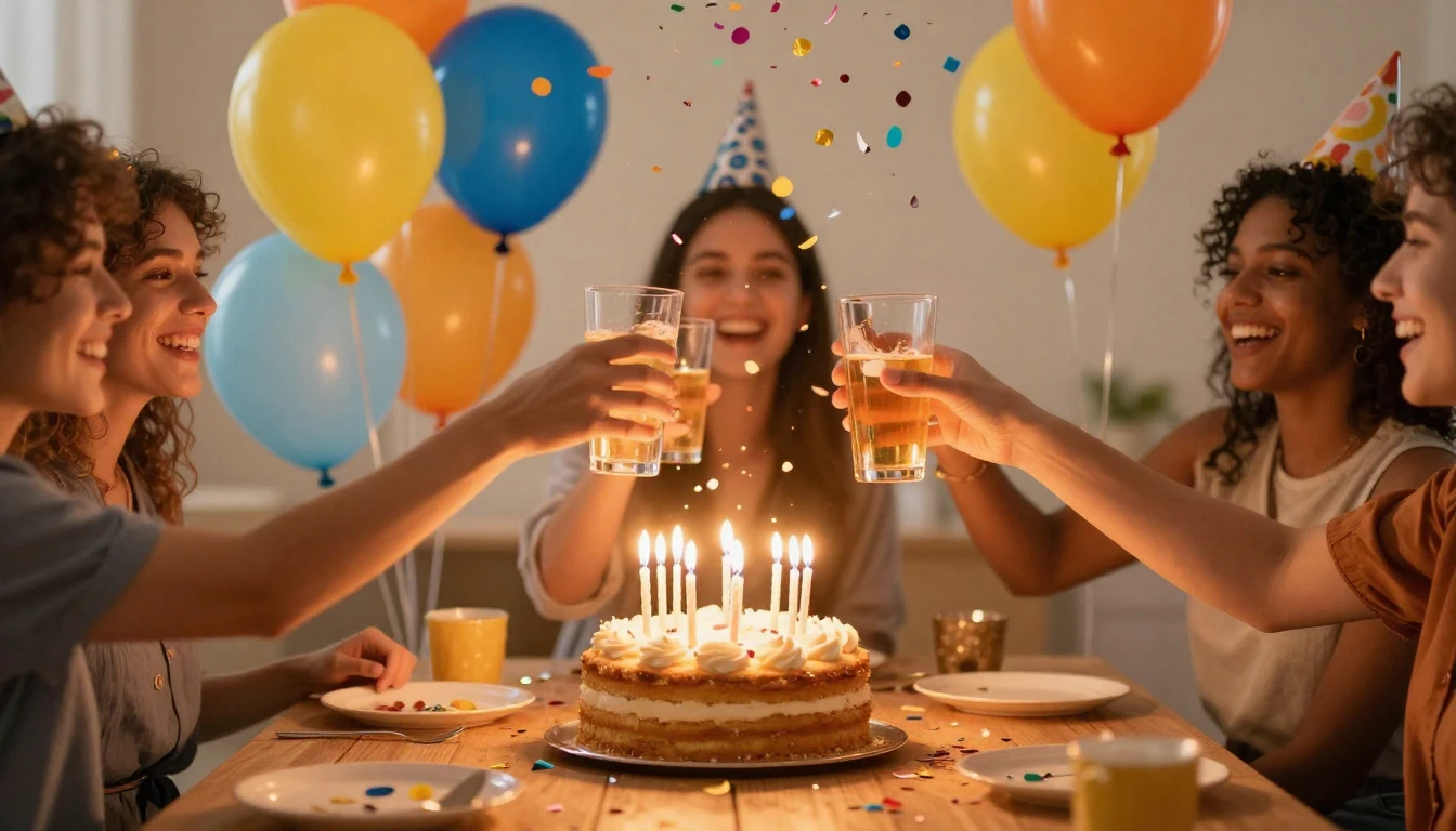 A vibrant and festive birthday scene focusing on friendship....