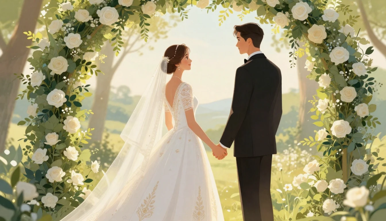 A romantic and dreamy illustration of a bride and groom hold...