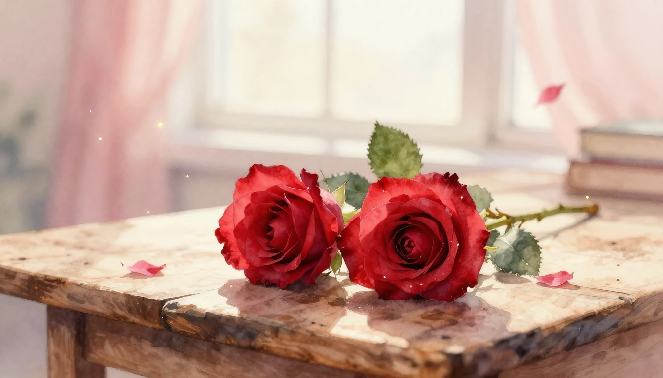 A beautiful watercolor painting of two delicate red roses in...