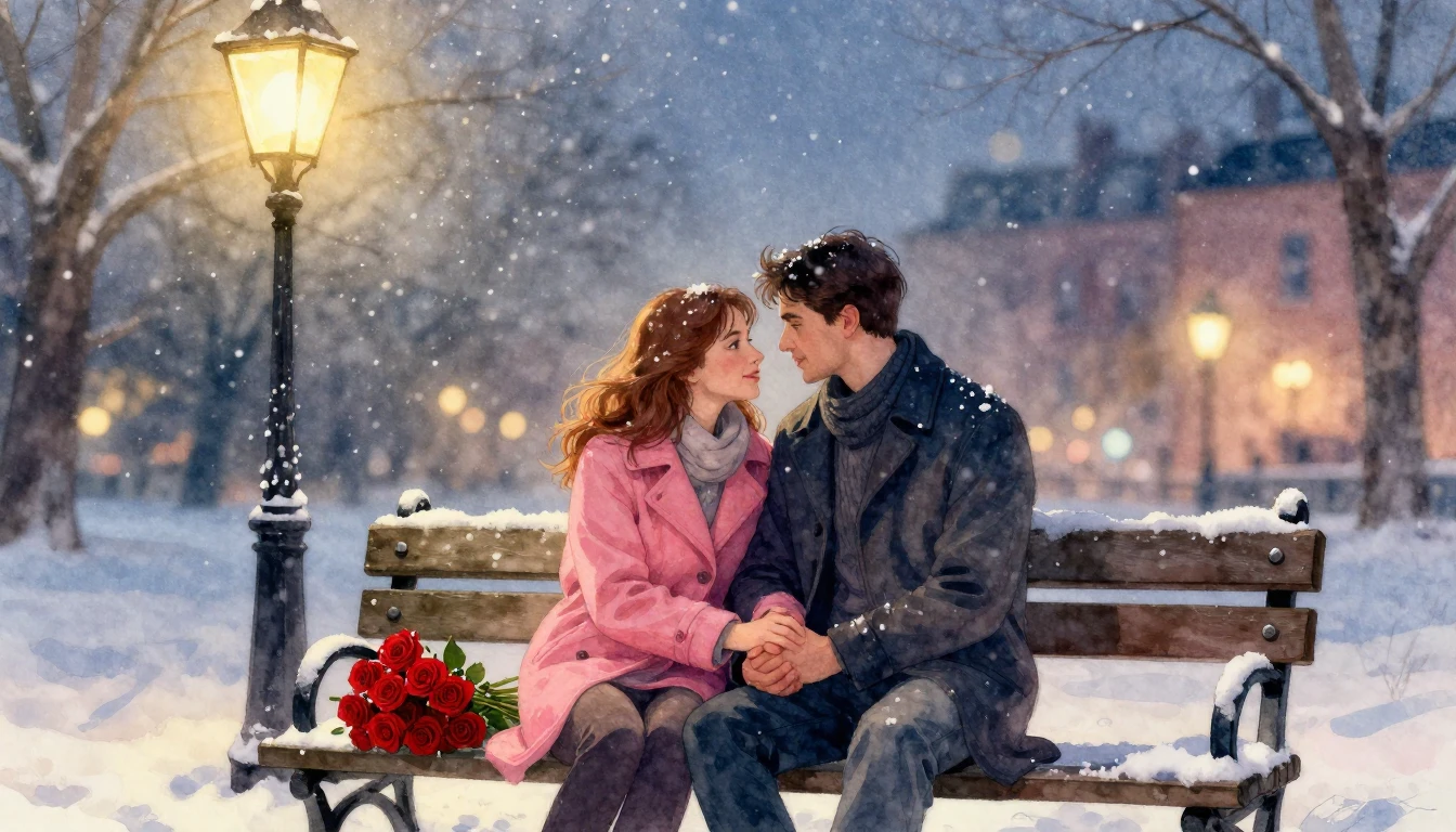 A romantic watercolor painting of a loving couple sitting on...