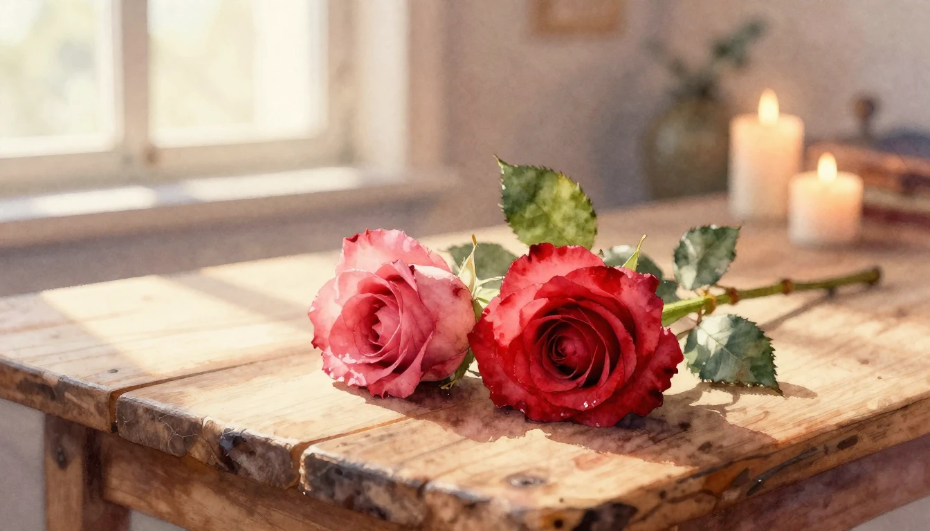 A beautiful watercolor painting of two delicate red roses in...