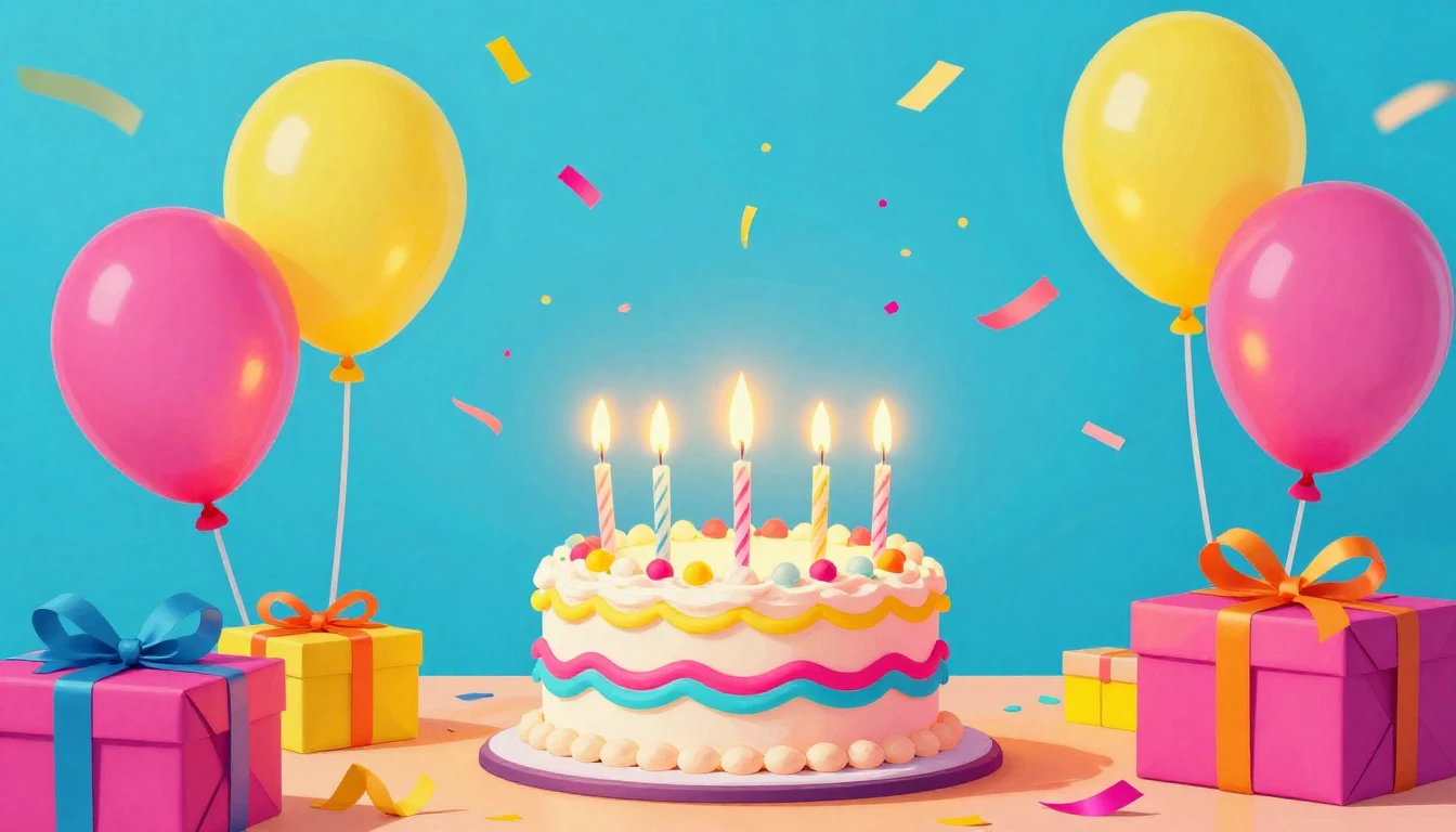 A vibrant, cheerful birthday celebration scene. A bright bir...