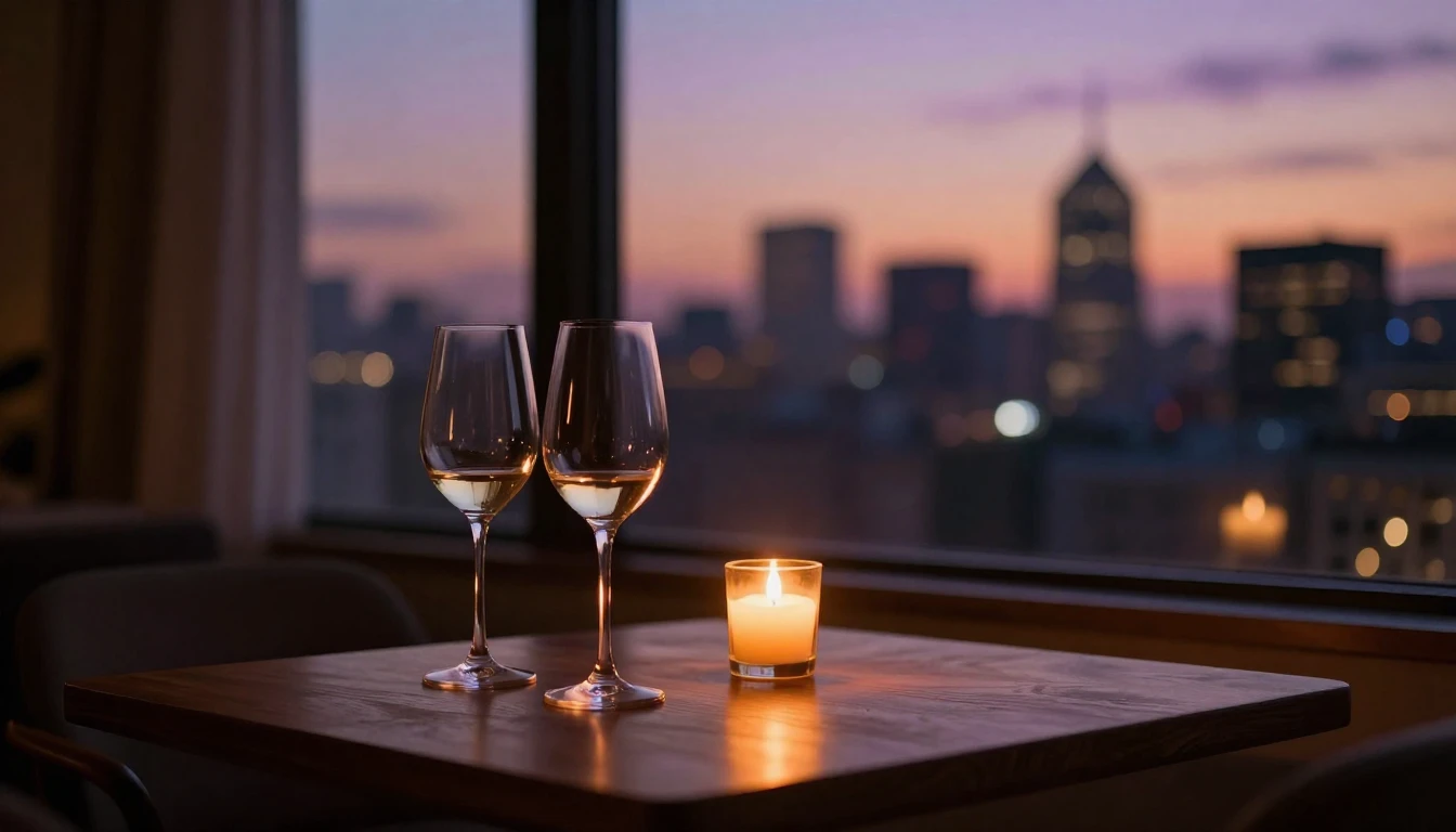A warm, dimly lit interior of a cozy room overlooking a city...