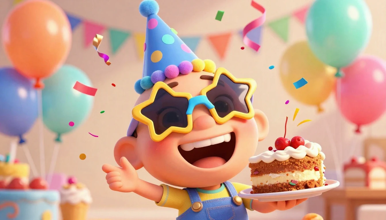 A humorous and vibrant birthday party scene in a high-qualit...