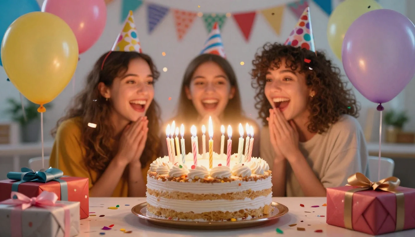 A cheerful birthday party scene with a funny, slightly exagg...