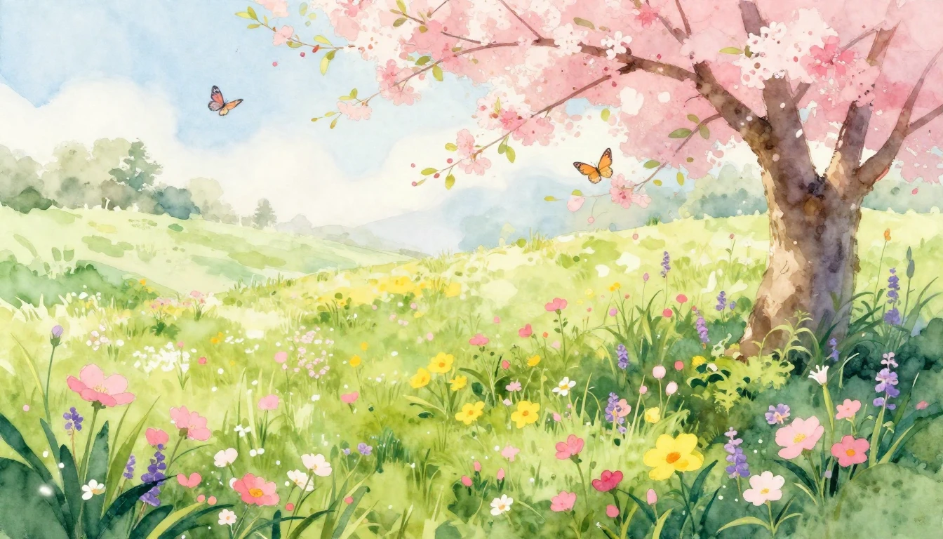A vibrant watercolor painting of a lush spring meadow filled...