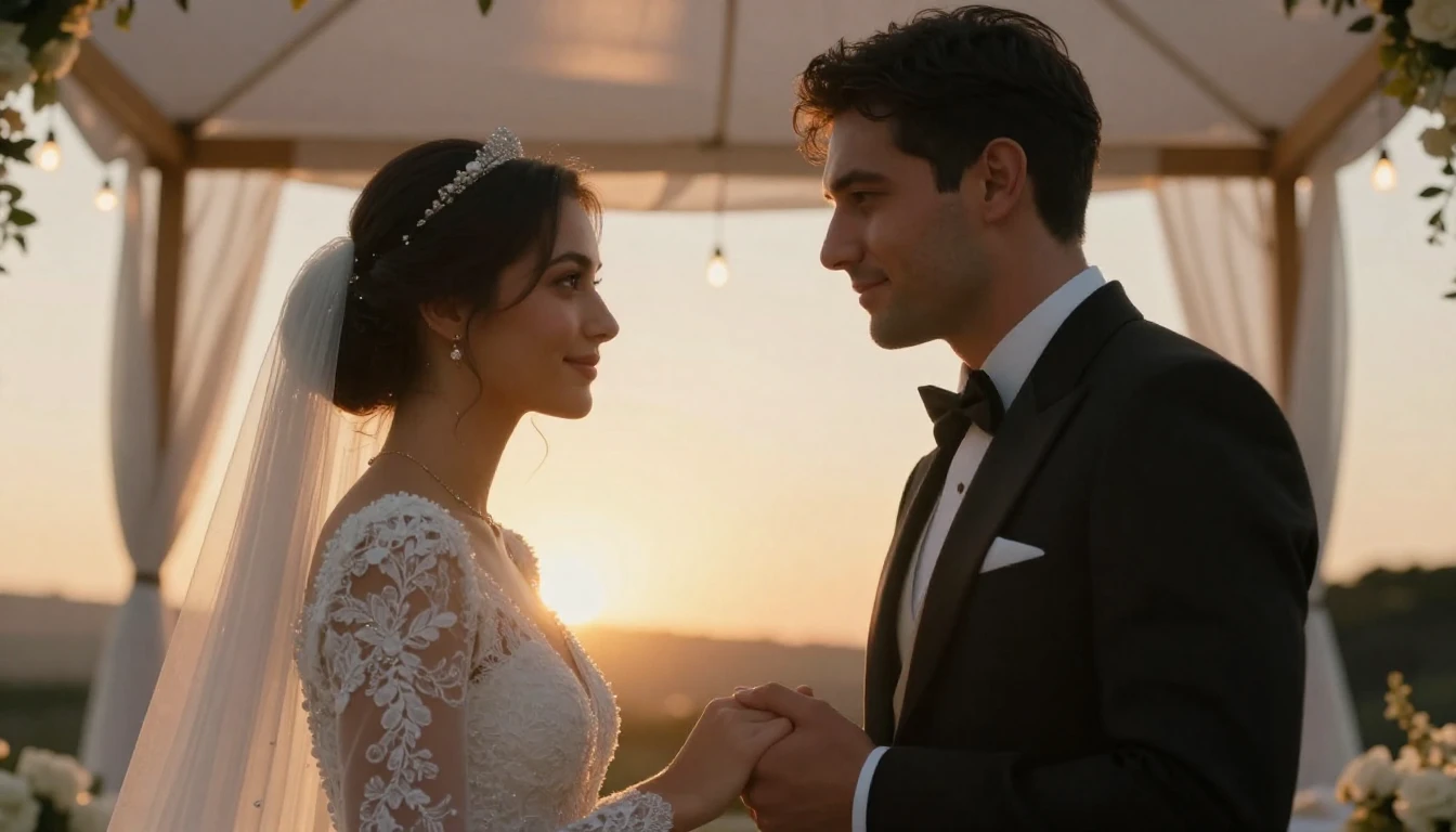 A romantic photorealistic close-up of a bride and groom hold...