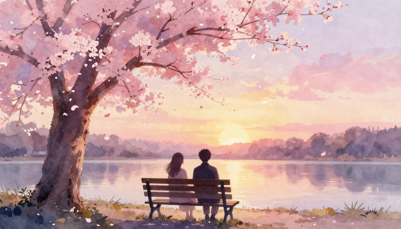 A dreamy watercolor painting of two silhouettes sitting on a...