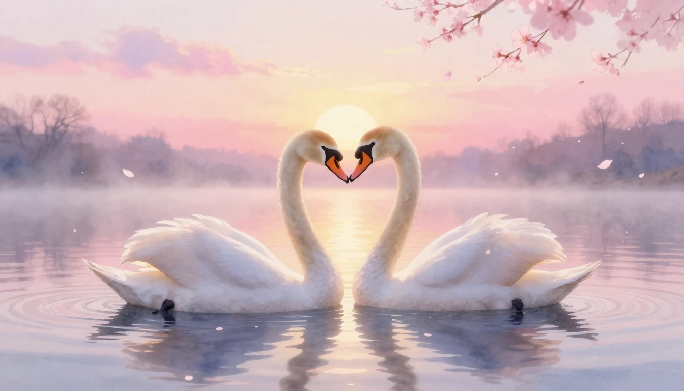 A dreamy and romantic watercolor painting of two elegant swa...