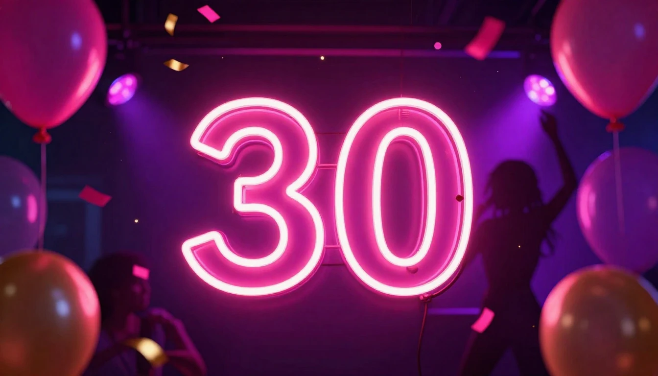 A vibrant and festive design featuring a glowing neon sign t...