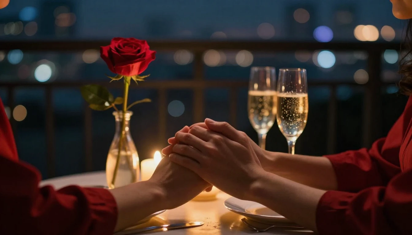 A romantic close-up scene of two hands holding each other ge...