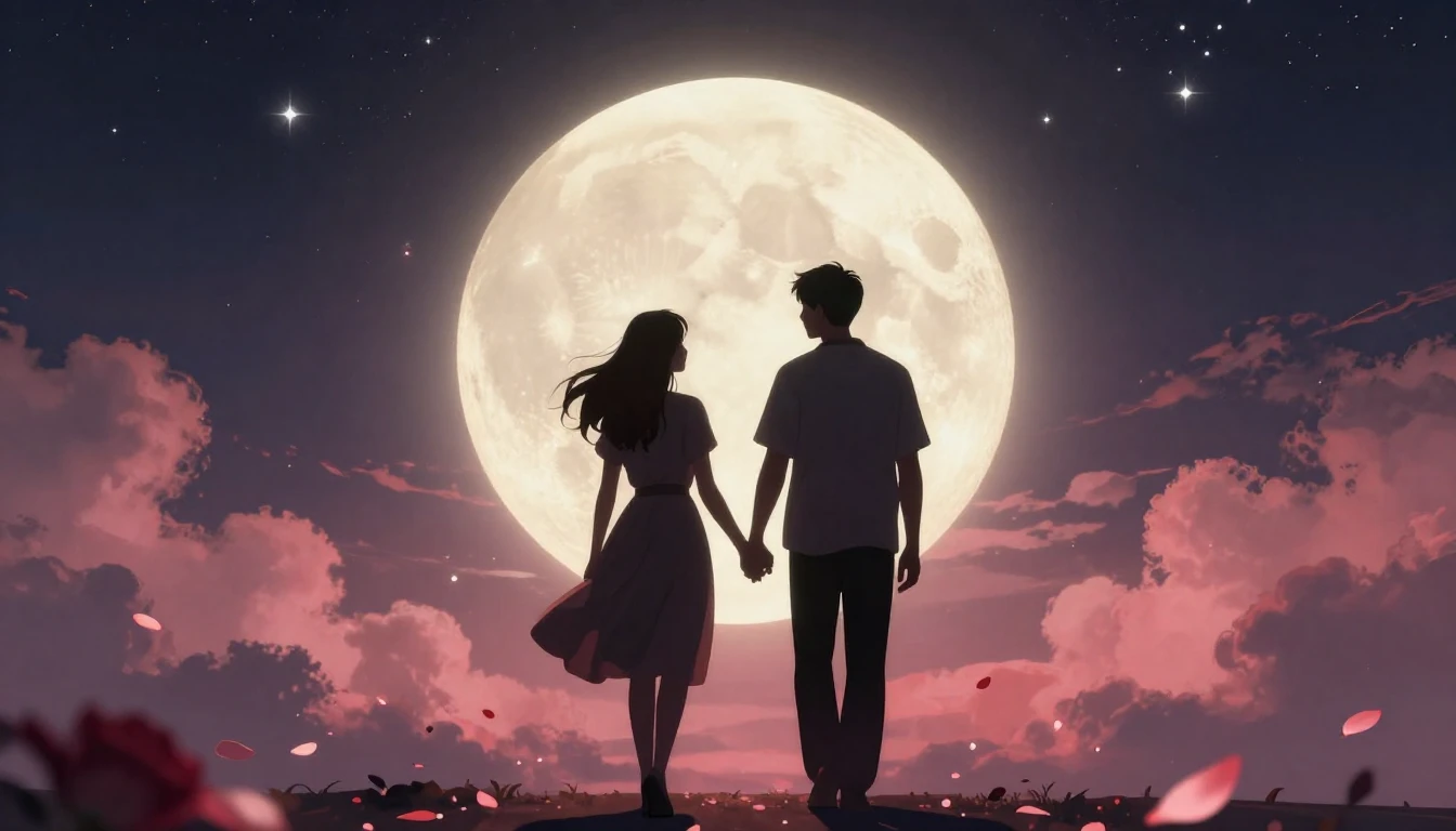 A romantic and dreamy illustration of two silhouetted figure...