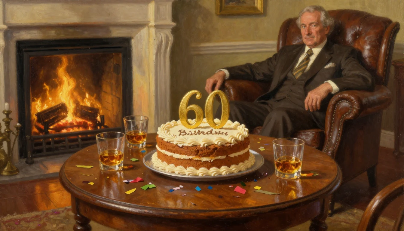An oil painting of a warm and festive 60th birthday celebrat...