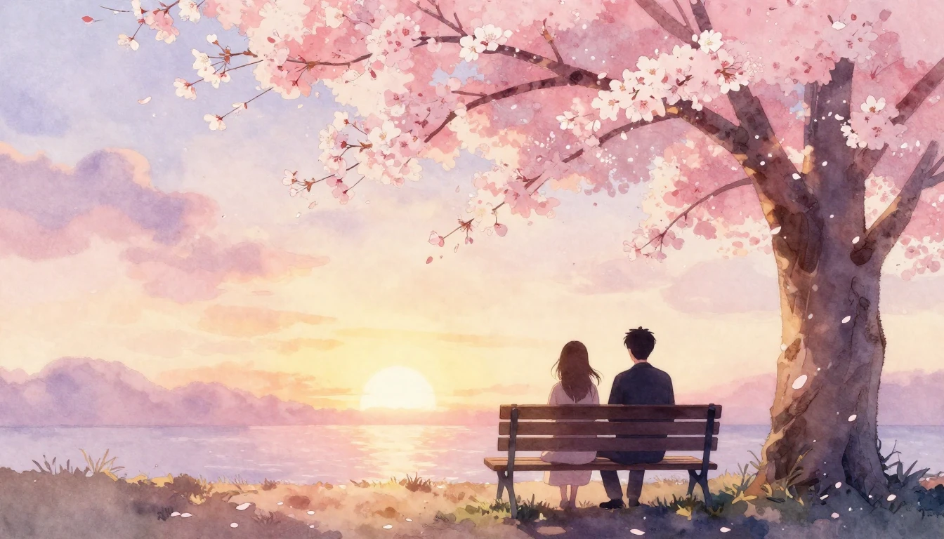 A soft watercolor painting of two silhouettes sitting on a b...