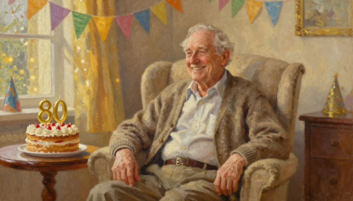 A heartwarming oil painting of a happy 80-year-old grandfath...